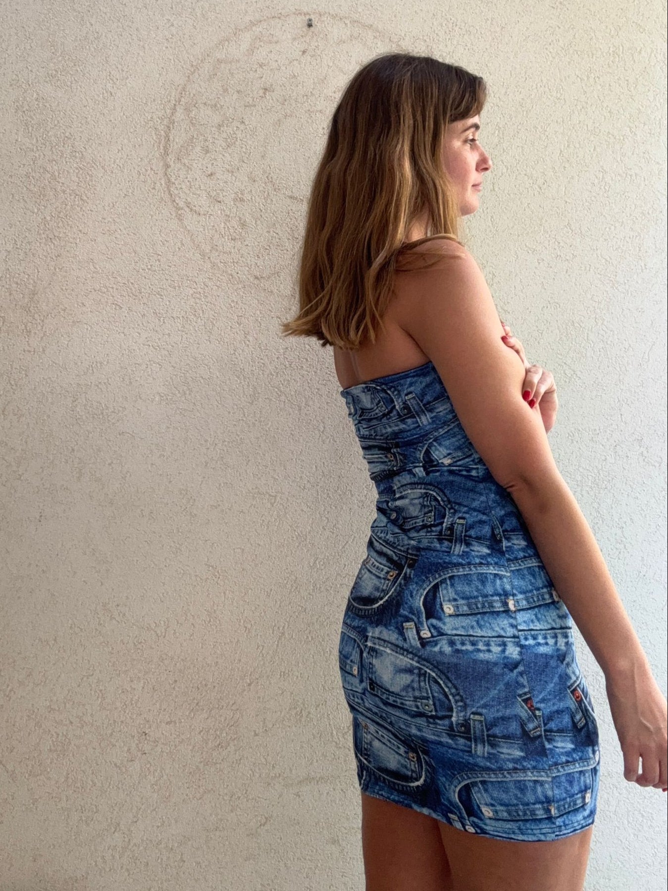 שמלה סטרפלס אפשר גם טופ הדפס ג'ינסים Y2K
